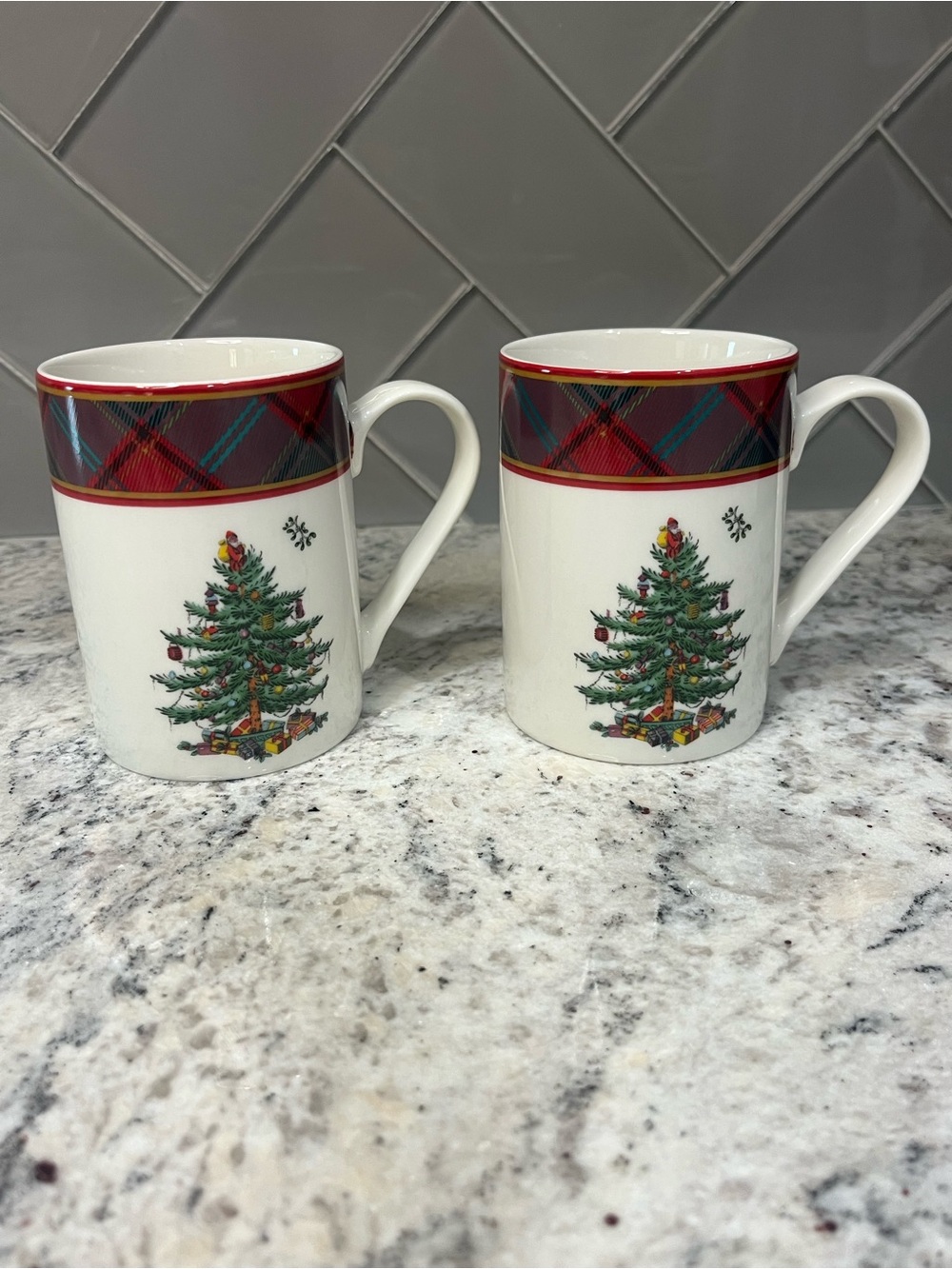 Set of 2 Spode Christmas Tree Tartan Top Mugs By Pimpernel T2202